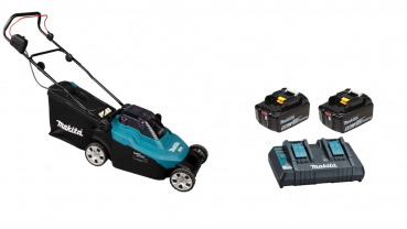 MAKITA Akku-Rasenmäher DLM382PT2 2x18V, mit 2 x 18V/5,0Ah Akku und Doppel-Ladegerät, Schnittbreite 38cm